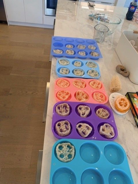 Luffa slices placed in colorful round silicone soap molds